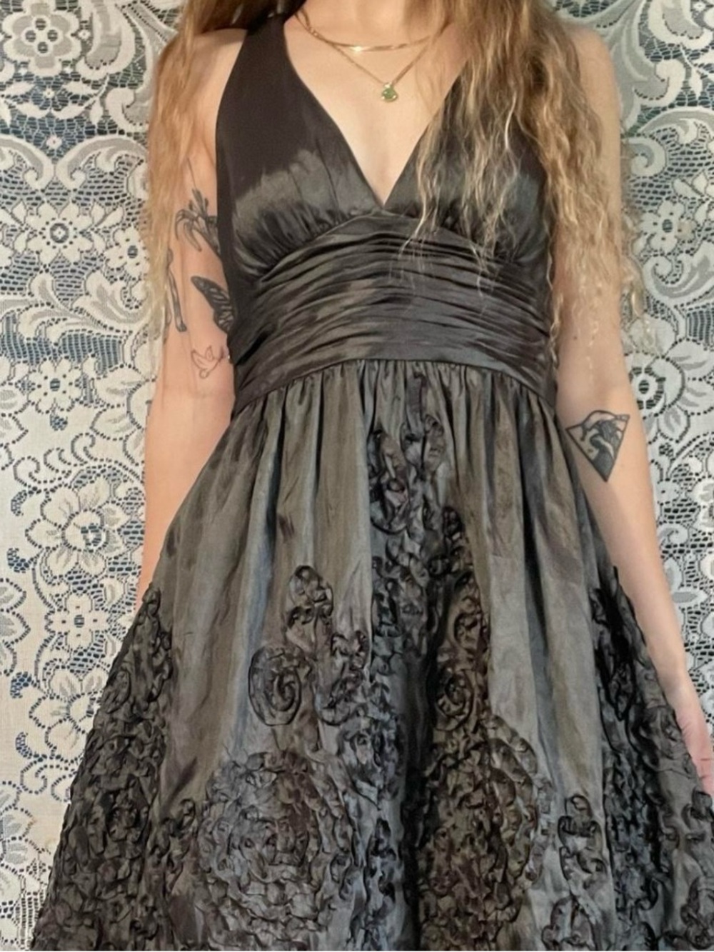Adrianna Papell Black Halter V-Neck Floral Appliqué Tea Dress